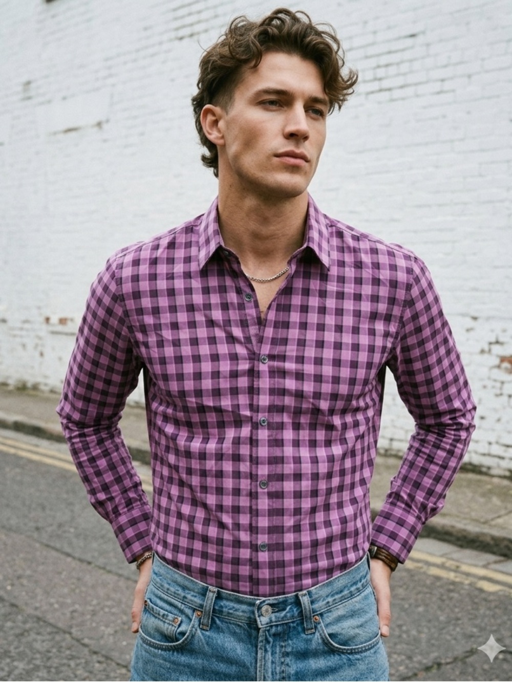 Con.Struct Slim Fit 4 Way Stretch Long Sleeve Men Large Pink Purple Plaid Sz M